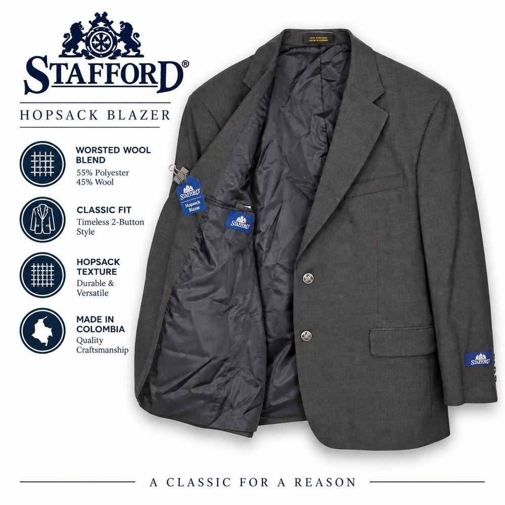 Stafford Hopsack Blazer Men 46R Charcoal Gray Wool Blend 2-Button Sport Coat NEW